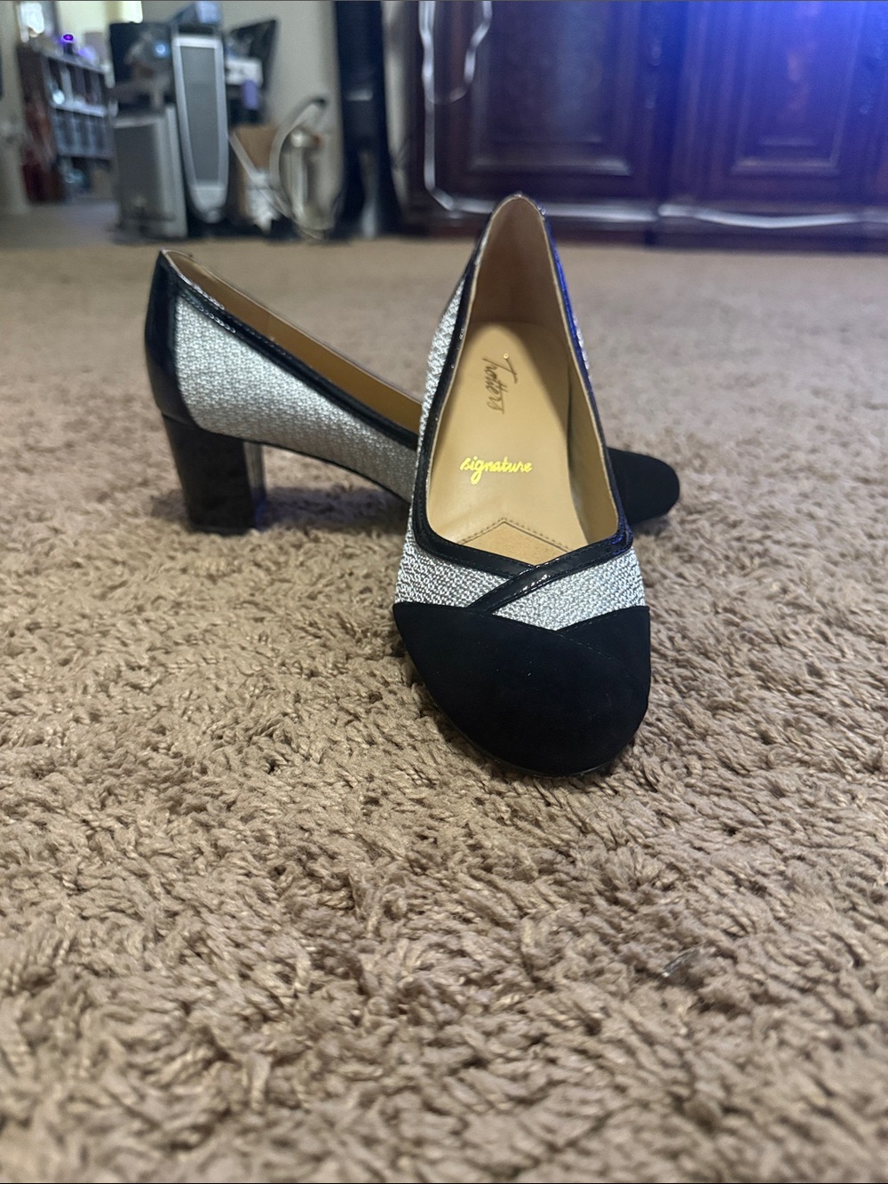 Trotters Black and Silver Low Block Heel Pumps
